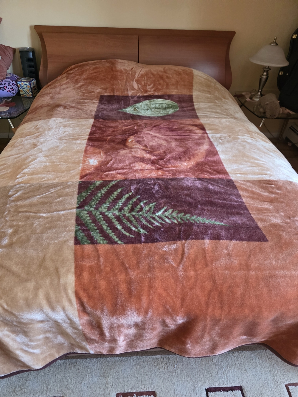 Plush Leaf-Accent Orange and Beige Throw Blanket